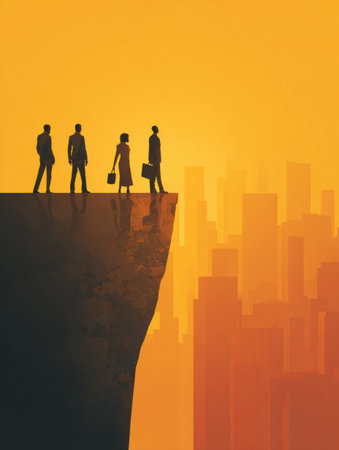 Groups of diverse individuals stand on a precipice, contemplating the challenges faced by minority businesses while city silhouettes rise in the background.の素材