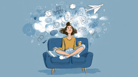 A person sits comfortably on a couch, contemplating ideas and dreams while surrounded by inspiring images and symbols, representing personal growth.の素材