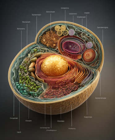 This infographic showcases a 3D clay-style design of a human cell, with labeled organelles for clear educational insight.の素材