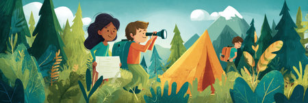 Families plan an outdoor treasure hunt, exploring nature as children engage with the environment, using tools like maps and binoculars for adventure.の素材