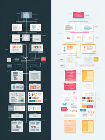 This infographic clearly outlines the distinctions between goals and systems, highlighting a flat workflow design with various visual elements and flowcharts.の素材