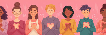 Illustration highlights diverse people practicing self-compassion, stressing emotional wellness and healthy habits for personal growth.の素材