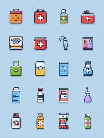 Infographic displays essential items for a first aid kit including various medical icons, promoting awareness for emergency preparedness and health safety tips.の素材