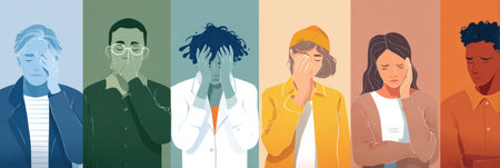 Infographic illustrates varying rates of depression and treatment approaches across different ethnic groups, highlighting mental health disparities.の素材