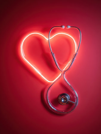 Glowing heart icon formed by a stethoscope sets against a rich red backdrop, symbolizing love and dedication in the healthcare professionの素材