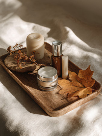 Warm autumn light highlights various skincare products on a simple wooden tray, complemented by scattered leaves, creating a tranquil atmosphere.の素材
