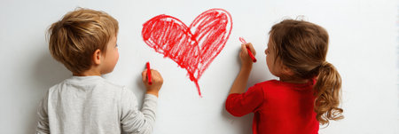 Two children, one in a gray shirt and the other in a red top, are happily drawing a large red heart on a clean whiteboard, showing off their creativity.の素材