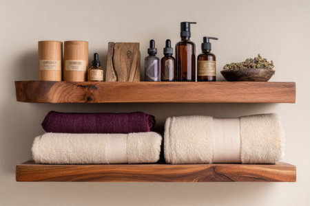 Skincare essentials and plush towels are neatly organized on a stylish wooden shelf, creating a calming, organized space in a serene room atmosphere.の素材