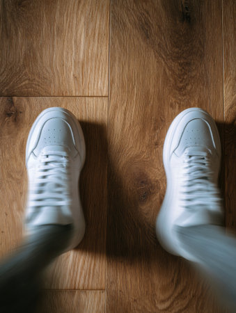 Close-up view of white sneakers in motion creates a feeling of energy as they squeak on a polished hardwood surface, emphasizing activity and pace.の素材