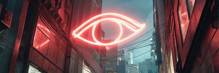 Bright neon eye sign illuminates a narrow city alley filled with modern architecture, creating a captivating urban atmosphere during twilight.の素材