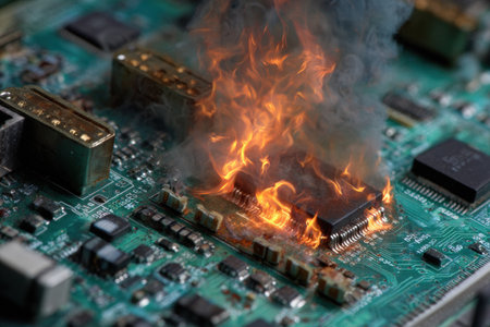 Smoke and flames erupt from a malfunctioning circuit board as sparks fly, indicating an electrical error on the component. The left side remains empty.の素材
