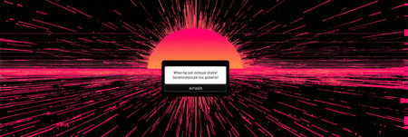 A series of warning popups are overwhelming a hacked desktop display, with a vivid digital sunset creating an empty upper background.の素材