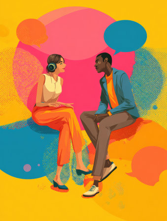 Two individuals engage in a friendly discussion, with colorful speech bubbles suggesting supportive dialogue techniques for effective communication.の素材