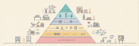 Explore Blooms taxonomy levels illustrated in a pyramid diagram, showcasing educational icons with a clean design and pastel colors for effective learning.の素材
