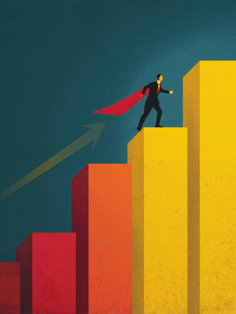 A person in a business suit with a cape stands confidently atop colorful bar graphs, symbolizing empowerment and progression through self-discipline.の素材