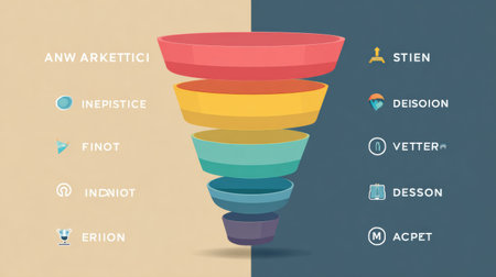 Marketing funnel stages visual awareness, interest, decision, and action with color-coded sections and icons for clarity.の素材