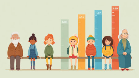 Infographic showing emotional growth milestones across various grade levels, depicting children with diverse expressions and an elderly figure for context.の素材