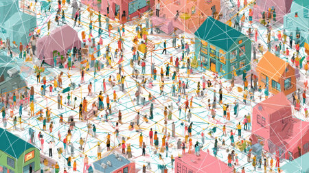 Entrepreneurs engage with one another in a bustling marketplace, showcasing connections through a colorful network in a dynamic community setting.の素材