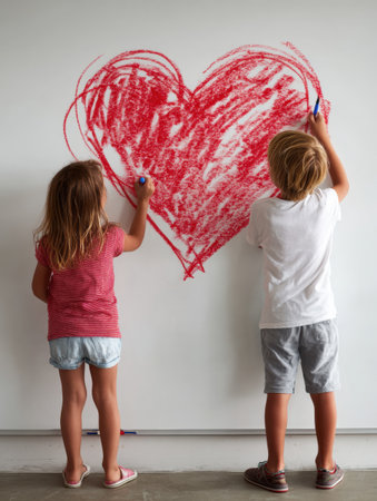 Two children express creativity by drawing a vibrant red heart on a clean whiteboard while engaged in a fun art activity in a cheerful setting.の素材