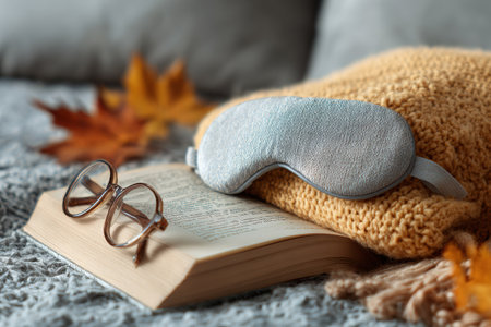 A sleeping mask rests on a soft blanket with a book nearby, alongside reading glasses, all set in a cozy autumn environment.の素材