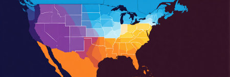 Infographic illustrates the Hispanic population distribution throughout US states, showing state-by-state demographic data and patterns.の素材