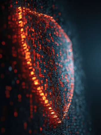 A shield made of luminous binary code hovers above a login field, providing an engaging visual element for secure access in a digital environment.の素材