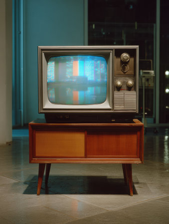 A classic television set shows a game broadcast with vibrant colored stripes on the screen alongside an empty right half, evoking nostalgia.の素材