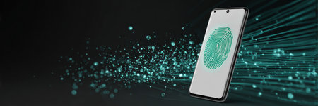 Displaying a smartphone screen featuring a fingerprint scan and active VPN icon, representing secure data protection while connected online.の素材