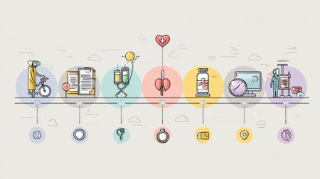 Explore the essential aspects of regular health check-ups illustrated in a clean design with pastel colors and a timeline featuring various medical icons.の素材