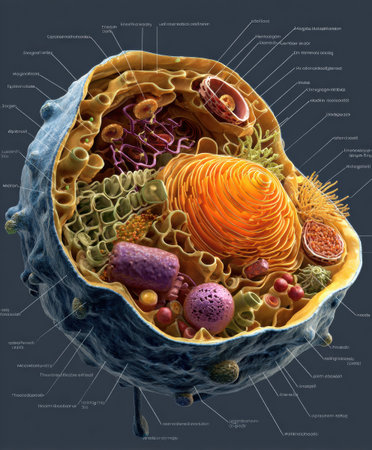 This graphic showcases the intricate anatomy of a human cell, featuring labeled organelles in a vibrant 3D clay design, emphasizing cellular components.の素材