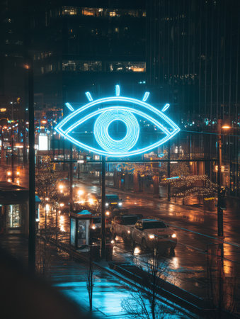 A neo striking sign shaped like an eye glows in a modern urban setting, casting reflections on wet streets as vehicles pass by in nighttime rain.の素材