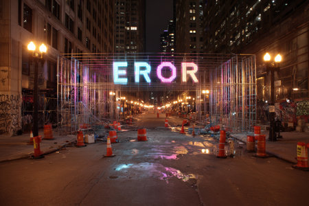 Vibrant lighting casts holographic ERROR signs above a construction site in an urban area at night, creating a striking backdrop to the empty street.の素材