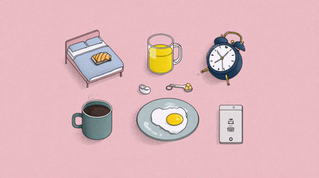 This infographic outlines five practical steps to create an effective morning routine, featuring breakfast foods, an alarm clock, and a cozy bed setup.の素材