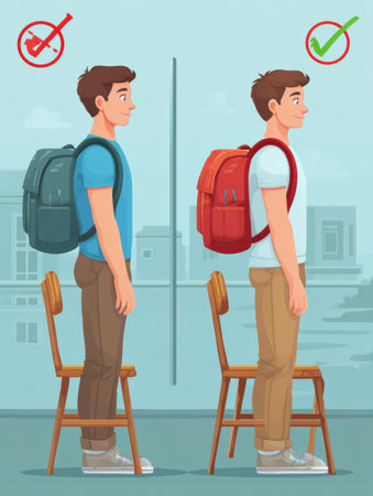 Illustration features backpack posture guidelines for students showing improper and correct ways to wear backpacks while seated and standingの素材