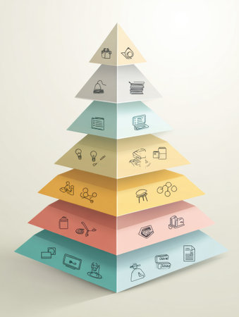 A clear infographic displays Blooms taxonomy levels, featuring a pyramid structure with educational icons in soothing pastel colors, designed for educators.の素材