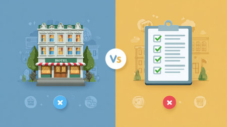Infographic illustrates the key differences between hotels and Airbnb, featuring icons and checklists for travelers to evaluate their choices.の素材