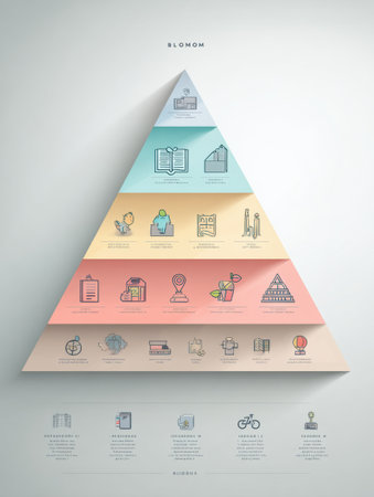 The infographic displays Blooms Taxonomy in a colorful pyramid with educational icons for easy understanding.の素材