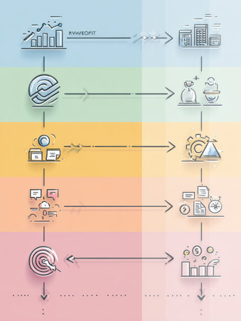 Infographic displays the stages of a product lifecycle, featuring icons and arrows organized in pastel colors, representing progression from launch to decline.の素材