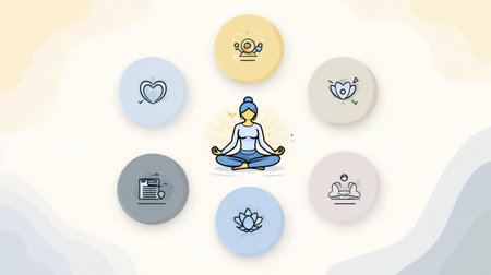 An infographic illustrates the benefits of meditation bullet featuring points and icons with a clean layout and soothing pastel colors for easy readingの素材