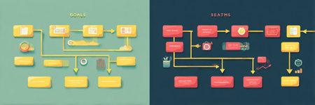 This infographic illustrates the critical differences between setting goals and implementing systems through a visually appealing flat workflow design.の素材