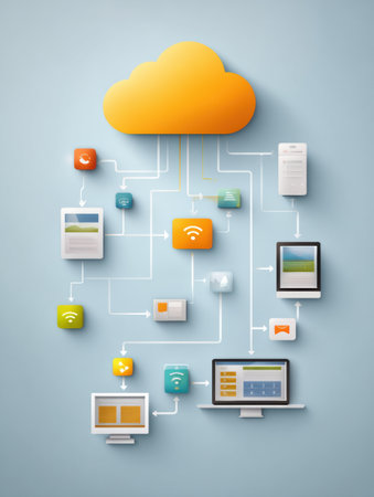 Visual representation of cloud storage features showing various devices connected to a central cloud icon with arrows indicating data flow and accessibility.の素材