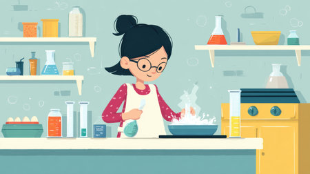 Children explore exciting DIY science experiments at home, using common materials to learn about chemistry in a playful kitchen setting.の素材