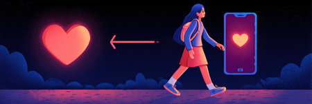 A teen is walking from a shadowy phone toward a glowing heart icon in a colorful, nighttime atmosphere, exemplifying connection and emotion.の素材