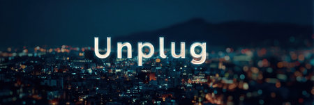 A glowing unplug symbol stands prominently over a vibrant night cityscape filled with twinkling lights and a serene atmosphere.の素材