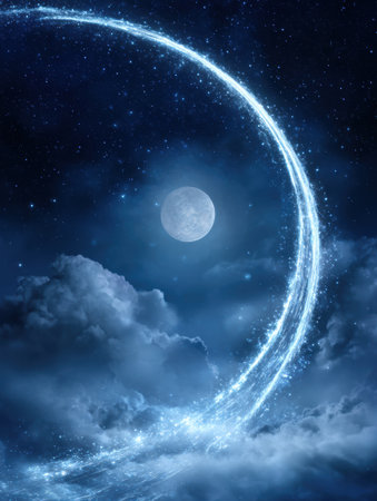 A vibrant, glowing arc stretches across the night sky, framed by a luminous full moon and soft clouds, creating a magical celestial landscape.の素材