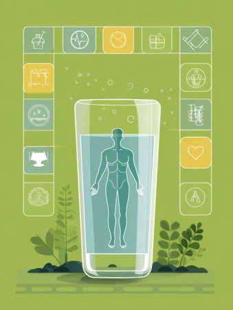 Graphic illustrates the importance of hydration with clear icons and a body outline, emphasizing health benefits illustrated around a prominent glass of waterの素材