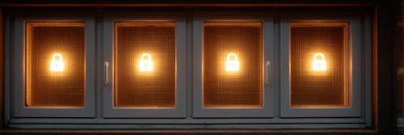 A window displays blinking lock symbols indicating a security breach, highlighting the importance of cybersecurity measures during late evening hours.の素材