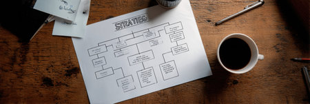 A strategic planning document lies on a wooden table, with a coffee spill and scattered notes, hinting at a morning brainstorming session.の素材