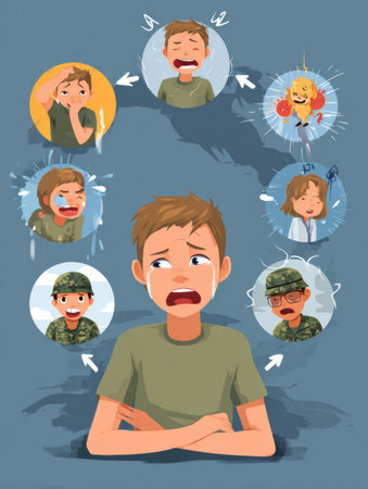 This infographic illustrates the complex emotional and mental stages within the PTSD cycle, highlighting key reactions and experiences of affected individuals.の素材
