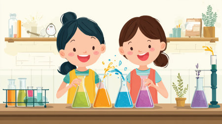 Two children joyfully conduct colorful science experiments at home, exploring creative learning through fun activities with various glassware and liquid.の素材